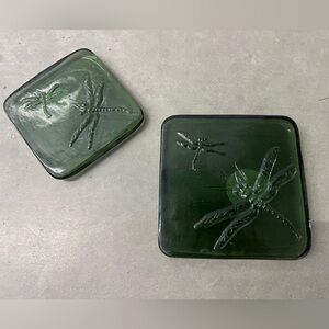 Set of 2 Green Glass Dragonfly Coasters